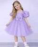PinkChick Satin Woven Half Puffed Sleeves Stone Embellished Bow Applique Detailed Dress - Lilac