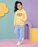 Kiddopanti Fleece Knit Full Sleeves Melody Time Text Printed Hooded Winter Sweatshirt & Joggers Set - Yellow & Light Blue