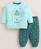 PIKKU Loopknit Knit Full Sleeves Bear Printed Pre Winter Sweatshirt & Pants - Green