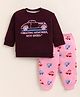 PIKKU Loopknit Knit Full Sleeves Car Printed Pre Winter Sweatshirt & Pants - Maroon