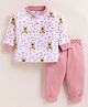 PIKKU Cotton Knit Full Sleeves Teddy Bear Printed Coordinating Pre Winter Sweatshirt & Pants Set - Pink