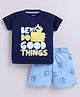 PIKKU Cotton Knit Half Sleeves Do Good Things Text Printed Tee & Shorts Set - Blue