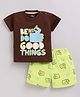 PIKKU Cotton Knit Half Sleeves Do Good Things Text Printed Tee & Shorts Set - Brown