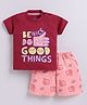 PIKKU Cotton Knit Half Sleeves Do Good Things Text Printed Tee & Shorts Set - Red
