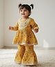 Etched Design Cotton Woven Three Fourth Sleeves Floral Printed Kurti Sharara Set - Mustard