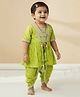 Etched Design Cotton Woven Sequins & Lace Embellished Top & Dhoti With Half Sleeves Jacket - Light Green