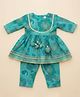 Etched Design Cotton Woven Three Fourth Sleeves Floral Printed & Lace Embellished Kurti & Churidar Set - Turquoise