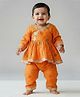 Etched Design Cotton Woven Full Sleeves Abstract Printed & Lace Embellished Kurti & Churidar Set - Orange