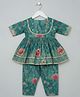 Etched Design Cotton Woven Three Fourth Sleeves Floral Printed & Lace Embellished Kurti & Churidar Set - Teal Green