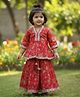 Etched Design Cotton Woven Three Fourth Sleeves Floral Printed & Lace Embellished Kurti & Skirt Set - Red
