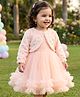 Babyhug Mesh Woven Party Dress With Foild Print Full Sleeves Fur Jacket- Peach
