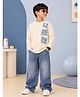 Kiddopanti Cotton Knit Full Sleeves Bunny & Rocket Printed Tee & Jeans Set - Off White & Blue