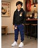 Kiddopanti Fleece Knit Full Sleeves Chopsticks Printed Winter Hooded Sweatjacket & Joggers - Black & Teal Blue