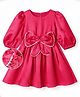 Hola Bonita Party Wear Satin Dress With Big Bow Three Fourth Sleeves - Pink