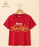 BLUSHES 100% Cotton Knit Navratri Theme Half Sleeves Happy Navratri Text Printed Tee - Red