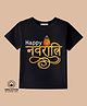 BLUSHES 100% Cotton Knit Navratri Theme Half Sleeves Happy Navratri Text Printed Tee - Black