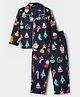 Babyhug 100% Cotton Woven Front Open Full Sleeves Co-ord Shirt & Pajama Night Suit with Christmas Theme Print - Navy Blue