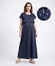 Bella Mama 100% Cotton Knit Cotton Concealed Zipper Half Sleeves Nurisng Nighty With Floral Print in Navy Blue