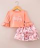 Enfance Core Cotton Blend Knit To Woven 3/4th Sleeves Top And Skirt with Bell Sleeves, Paisley Foil Print in Peach
