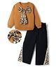 OLLINGTON ST. Cotton Looper Knit Full Sleeves Sweatshirt and Pant Set with Cheetah Print Bow Applique - Beige & Black