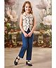 Lei-Chie Cotton Blend Sleeveless Woven Floral Embroidered Vest Style Top & Pants Set - Blue