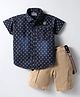 Dapper Dudes Cotton Mix Knit Half Sleeves Printed Shirt & Shorts With Suspender in Navy Blue