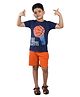 Clothe Funn Cotton Knit Half Sleeves Basketball Printed Tee & Shorts Set - Navy Blue & Orange