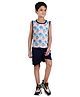 Clothe Funn Cotton Knit Sleeveless Leaves Printed Tee & Shorts Set - Blue & Navy Blue