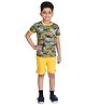Clothe Funn Cotton Knit Half Sleeves Camouflage & Animals Printed Tee & Shorts Set - Yellow & Olive Green