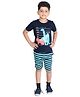 Clothe Funn Cotton Knit Half Sleeves Dinosaur Printed Tee & Shorts Set - Navy Blue & Mint