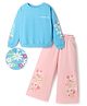 OLLINGTON ST. Cotton Looper Knit Full Sleeves Sweatshirt and Pant Winter Set with Floral Print - Pink & Light Blue