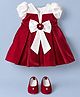 Blabber Half Puffed Sleeves Pearl Embellished Floral & Bow Applique Detailed Knee Length Pleated Dress With Booties - Maroon