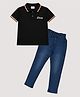 HRIT Cotton Blend Knit Half Sleeves Champ Text Printed Polo Tee & Jeans Set - Black & Blue