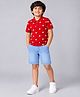 HRIT Cotton Blend Knit Half Sleeves Stars Printed Polo Tee & Shorts Set - Red & Sky Blue