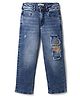 Vitamins Denim Straight Fit Full Length Jeans with Flowers Embroidery in Blue