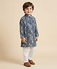 Ridokidz Cotton Woven Full Sleeves Kurta Pyjama Set with Animals and Figures Print in Blue for 4-5 Years