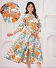 CeleBravo Blended Woven Three Fourth Sleeves Floral Printed Maternity Dress With Side Zipper Nursing Access - Green