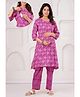 CeleBravo Rayon Woven Three Fourth Sleeves Paisley Printed Kurti With Side Zipper Nursing Access & Pants Set - Pink