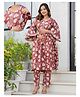 CeleBravo Cotton Blend Woven Three Fourth Sleeves Leaves Printed Maternity Kurti & Pants Set With Side Zipper Nursing Access - Rust