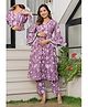 CeleBravo Cotton Blend Woven Three Fourth Bell Sleeves Floral Printed Maternity Kurti & Pants Set With Side Zipper Nursing Access - Purple