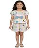 Kevora Apparels Cotton Blend Woven Half Puffed Sleeves Sea Life Printed & Bow Applique Detailed Coordinating Top & Shorts Set - Multi Colour