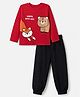 Doodle Poodle 100% Cotton Single Jersey Knit Full Sleeves T-Shirt and Joggers Set With Animal & Text Print -Red & Black