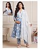 Dummy Shape Cotton Blend Woven Three Fourth Sleeves Floral Printed & Lace Embellished Coordinating Maternity Kurti Pant & Dupatta Set With Dual Zipper Nursing Access - Blue
