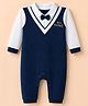 Babyhug 100% Cotton Interlock Knit Full Length Romper with Full Sleeves, Mr. Perfect Embroidery and Bow Tie - Navy Blue & White