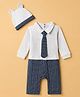 Babyhug Interlock Knit Full Sleeves Checked Romper With Tie & Cap - Navy Blue & White