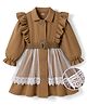 OLLINGTON ST. Cotton Knit Full Sleeves Solid Winter Frock With Lace Detailing in Brown