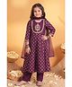 Fashion Dream Satin Woven Three Fourth Sleeves Ethnic Motifs Printed Lace Embellished Kurti & Pyjama With Dupatta Set - Purple