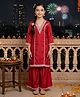 FlyFinns Silk Woven Three Fourth Sleeves Floral Designed Lace Embellished Kurti & Sharara Set - Red