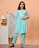 FlyFinns Rayon Woven Three Fourth Sleeves Elephant Embroidered Kurti & Palazzo With Dupatta Set - Sky Blue