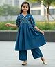 FlyFinns Silk Woven Three Fourth Sleeves Floral Embroidered Kurti & Palazzo Set - Teal Blue